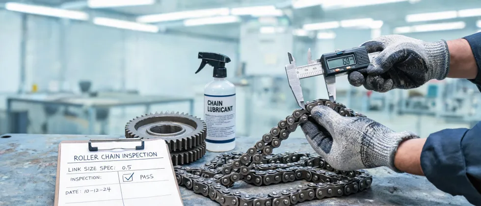 Roller chain inspection on maintenance bench