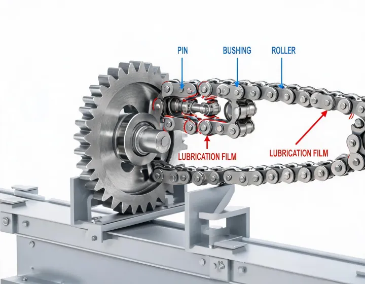 Tsubaki roller chain cutaway on conveyor drive